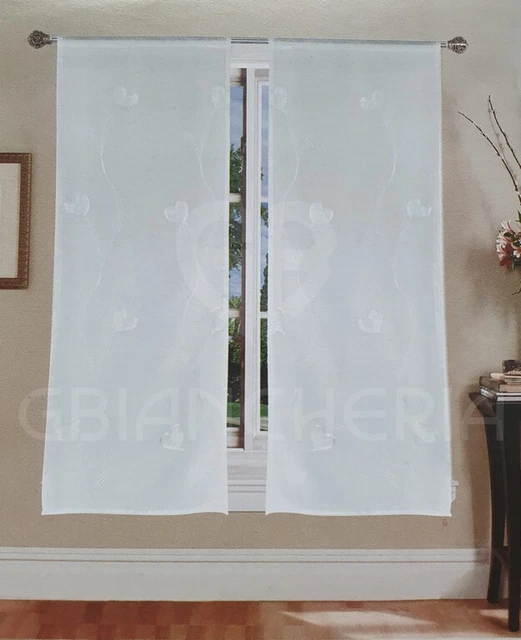 Coppia Tende Shabby Chic Portafinestra - Ricamo Bianco/ecr&ugrave;, Lino E Poliestere, 45x240 Cm