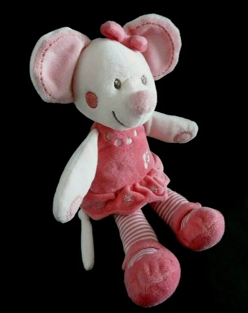 *. Doudou Peluche Nicotoy Souris Robe Rose Blanc Patte Rayee Fleur Noeud Ttbe
