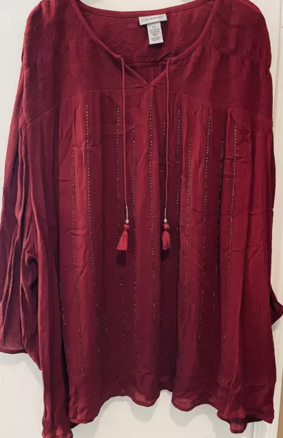 Catherines Plus Size 5X Shirt Beaded Front Gauzy Burgundy Boho Tunic Top NWT