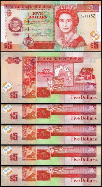 Belize 5 Dollars 2020, UNC, 5 Pcs Consecutive LOT, P-67, QEII