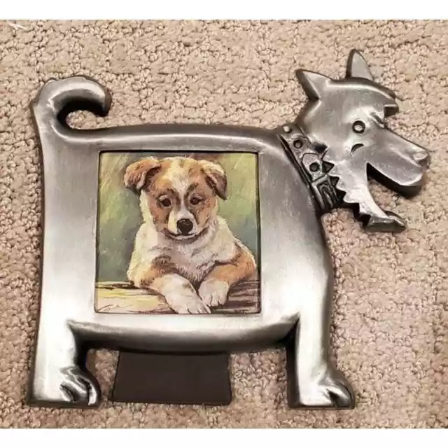 Brushed Silver Toned Metal Dog Frame Holds 2x2 Picture For Dog Lover