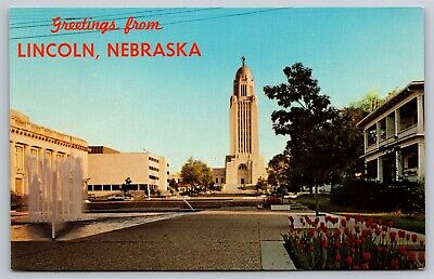 NE Greetings from Lincoln Nebraska State Capitol Building Vtg Postcard View