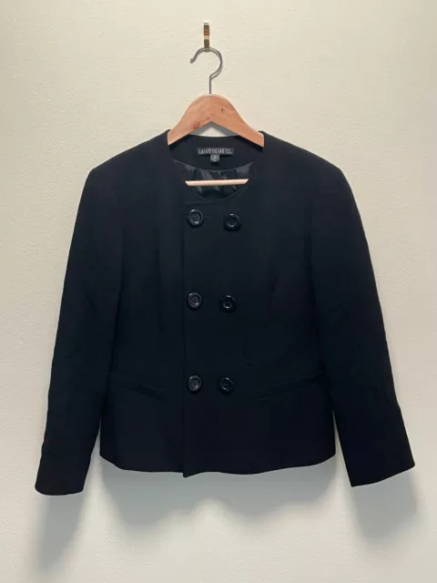 Lafayette 148 Blazer Jacket Womens 10 Black Virgin Wool Double Breasted Preppy