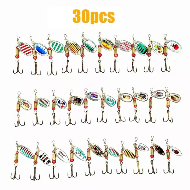 30x Metal Spinners Fishing Lures Sea Trout Pike Perch Salmon Bass Tackle Box Set