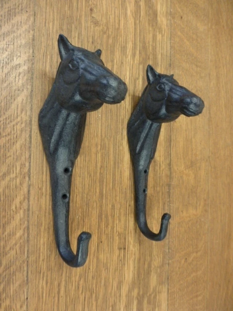 SET 2 LG BROWN HORSE HOOKS HANGER RUSTIC 8" CAST IRON wall coat hat western barn