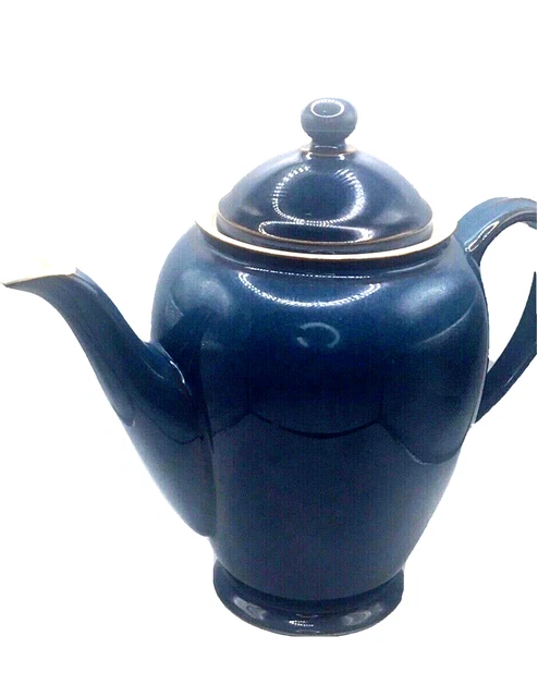 DENBY England "BOSTON" COFFEE POT & Lid, IMPERIAL BLUE w/Brown Trim, 8-3/4" EXC