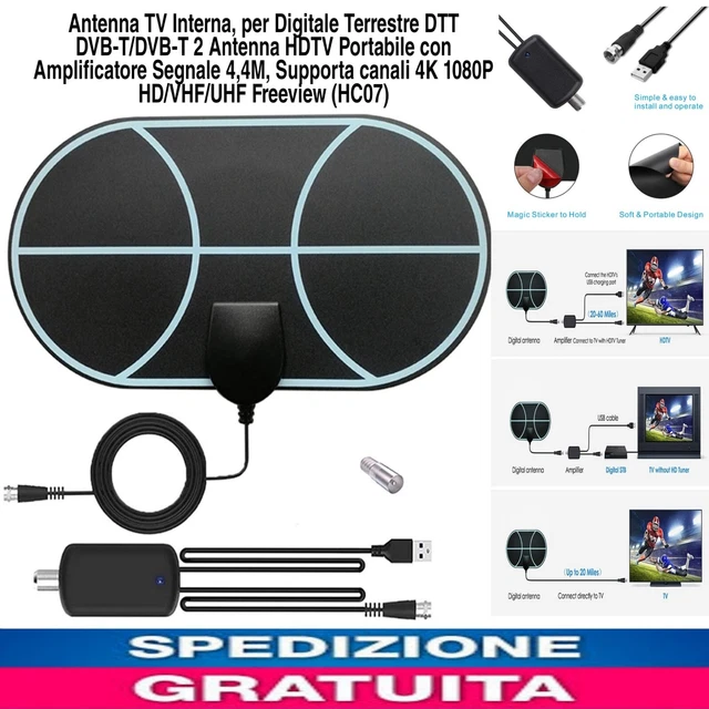 Antenna TV Digitale Terrestre Interna - Con Amplificatore, 4K HD, Portatile