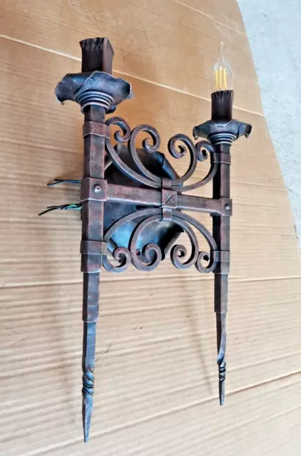 1920S Style Hand Wrought Iron Spanish Revival Home Double Wall Sconce Lamp Light