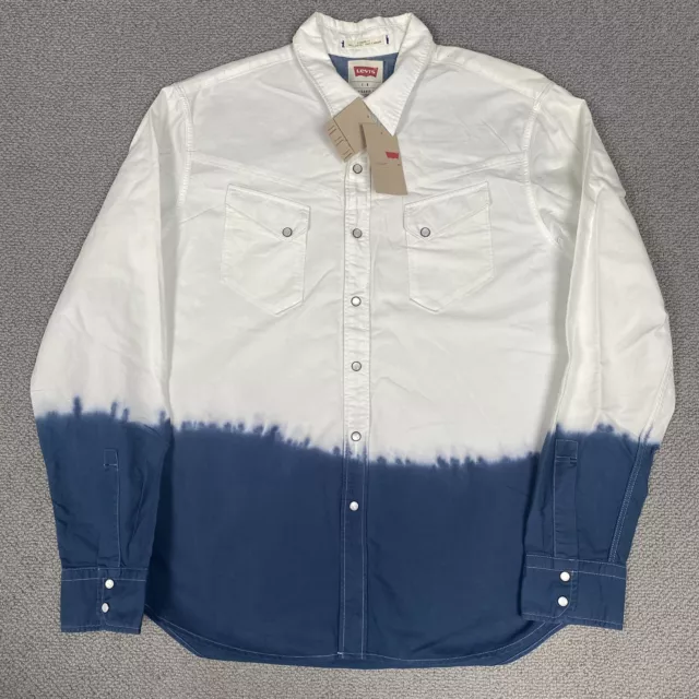 Levis Shirt Herren groß blau weiß gefärbt Denim Western Langarm Knopf neu mit Etikett