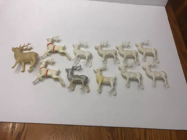 Lot of 11 Vintage Reindeer Christmas 1 Celluloid 10 Hard plastic 2 With red Eyes