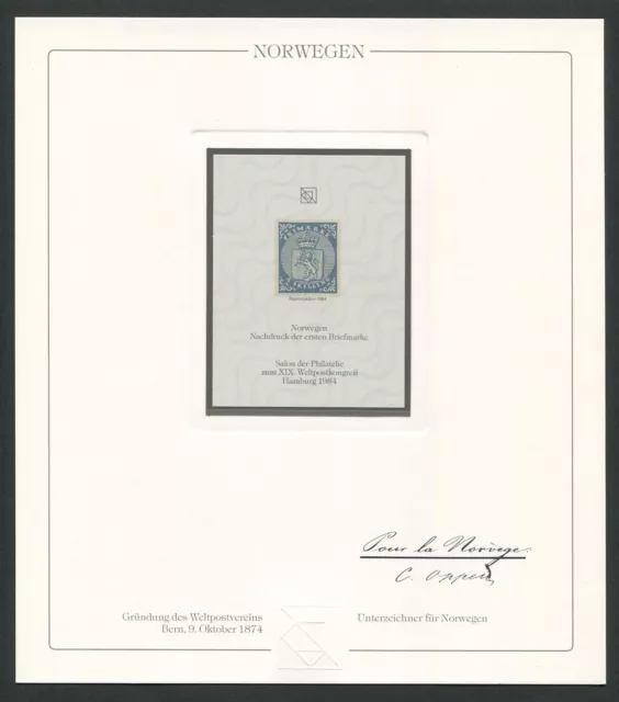 NORWAY No. 1 OFFICIAL REPRINT UPU CONGRESS 1984 DELEGATE GIFT !! RARE !! z1802