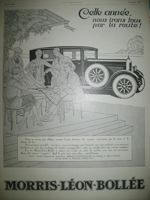 PUBLICITE DE PRESSE MORRIIS-LEON-BOLLéE AUTOMOBILE ILLUSTRATION COULON AD 1928