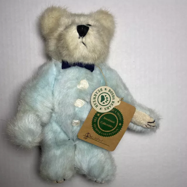 Boyds Bears Gwinton 1990-1997 8” Blue Plush Bow Tie Fully Jointed White Roses