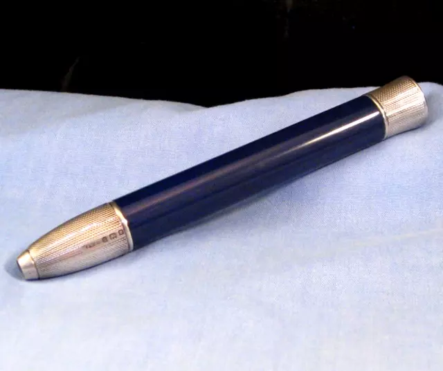 Sampson Mordan Large Art Deco Mechanical Enamel Silver Blue Stockbrokers Pencil