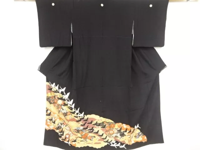 82381# Japanese Kimono / Antique Tomesode / Embroidery / Flower & Cart &