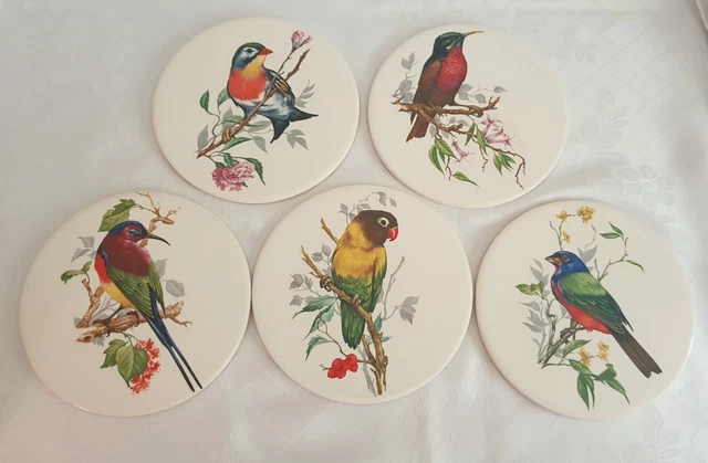 5 Vintage H & R Johnson LTD Cork Backed Tiles - Exotic Birds - 6inch