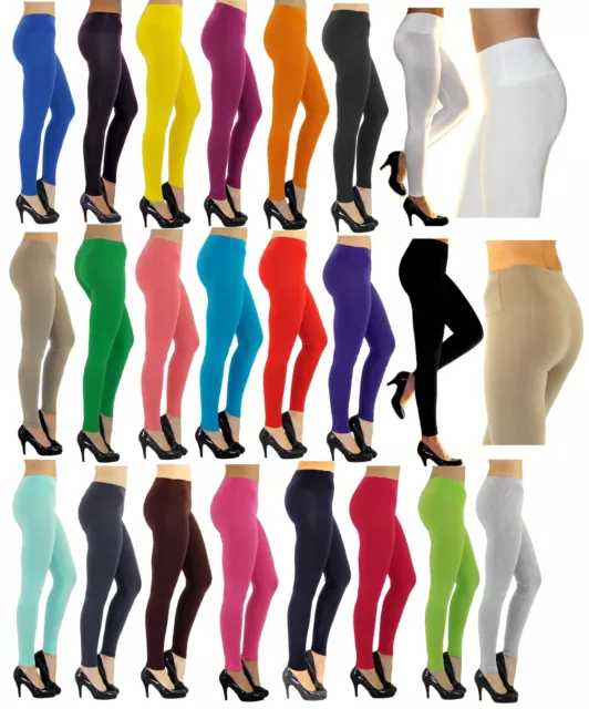 Damen Leggings lang hoher Bund verstärkt Hose blickdicht Baumwolle Leggins