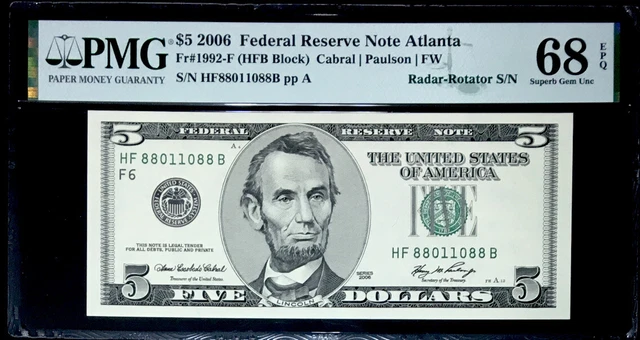 Superb 68 Gem $5 Federal Reserve Note- Rotator-Radar S.#88011088-Pmg #68Epq-Rare