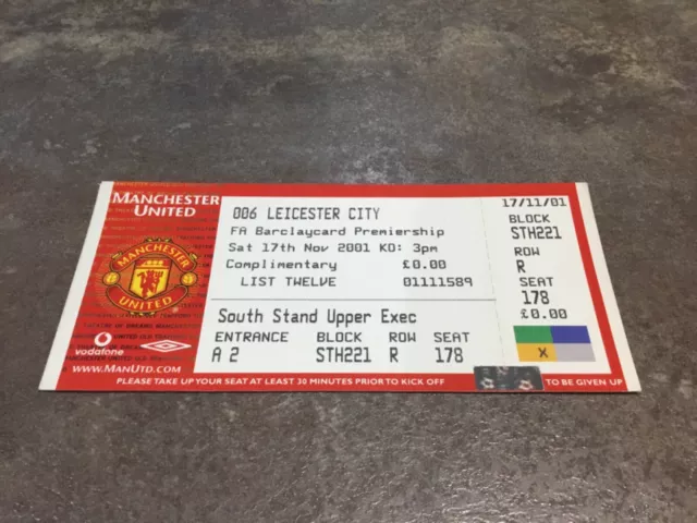 Manchester United v Leicester City 17 November 2001 Match Ticket