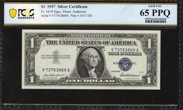 1957 $1 Silver Certificate Note Fr. 1619 VA Block PCGS Banknote Gem Uncir 65 PPQ