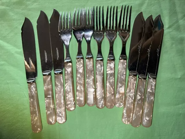 12 piece Fish Cutlery Set Chrome Plated on Nickel Silver Mother of Pearl handles