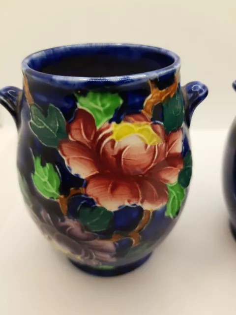 Pair Mini Maling Peony england Pottery urns 3.5"  vase cobalt c1929 2