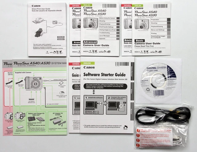 Basic & Advanced Manuals Software CD USB & AV cables for Canon PowerShot A540