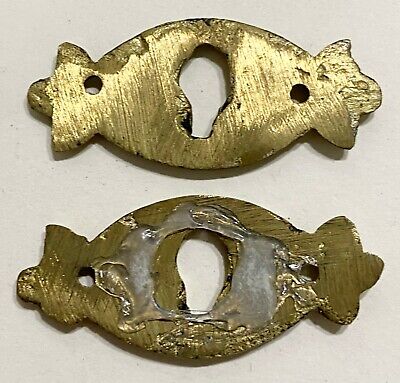 PAIR (2) Vintage Brass Skeleton Key hole Escutcheon 2" x 7/8" 2