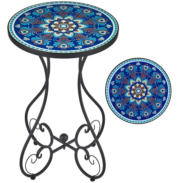 Outdoor Side round End Table and Mosaic Plant Stand, Ceramic Tile Top for Patio