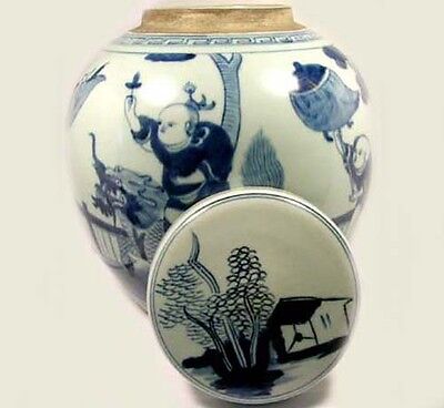 Antique Porcelain Blue+White Ming Style Vase Official Rides Foo Dog 19thC China