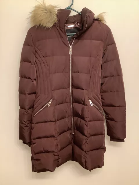 Ivanka Trump Womens Faux Fur Hooded Quilted Puffer Coat Burgundy Down Sz S READ