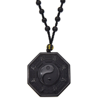 Obsidian Carved Yin Yang Ba Gua Pendant Necklace Beautiful Amulet Unisex Chain