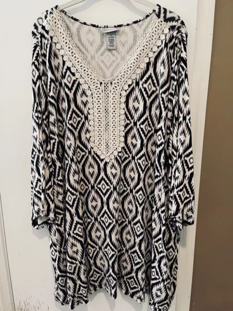 Catherines Plus Size 5X 34/36W Stretch Top Tunic Aztec Crochet 3/4 Sleeve EUC