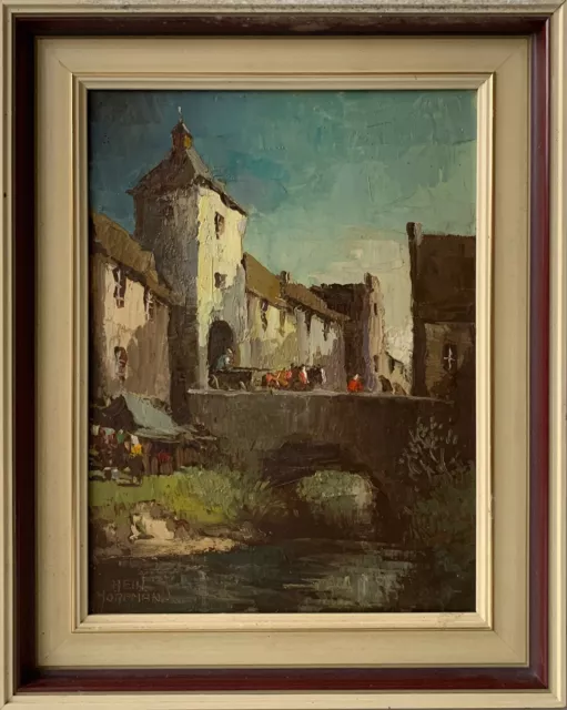 Ölbild Impressionist Hein Hoppmann Altes Stadttor mit Brücke Stadtansicht