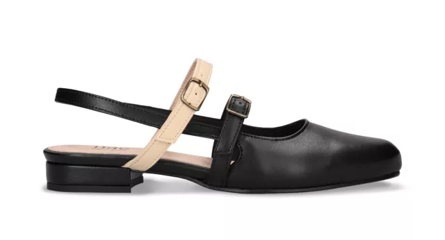 Chaussures véganes noires femme slingback sandales lanieres boucle en Apple Skin