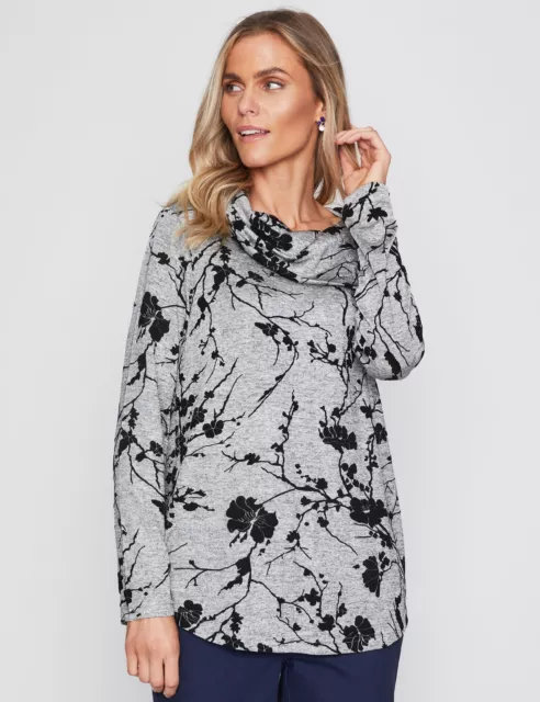 Womens Tops -  Long Sleeve Slinky Split Neck Top With Flocked Print - MILLERS