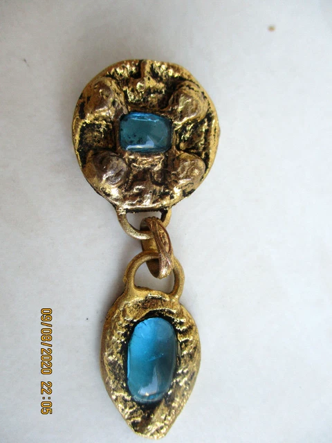 BROCHE VINTAGE ovale en verre à facettes et strass bleu