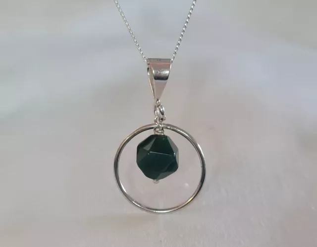 Lovely very dark green faceted moss agate sterling silver circle pendant