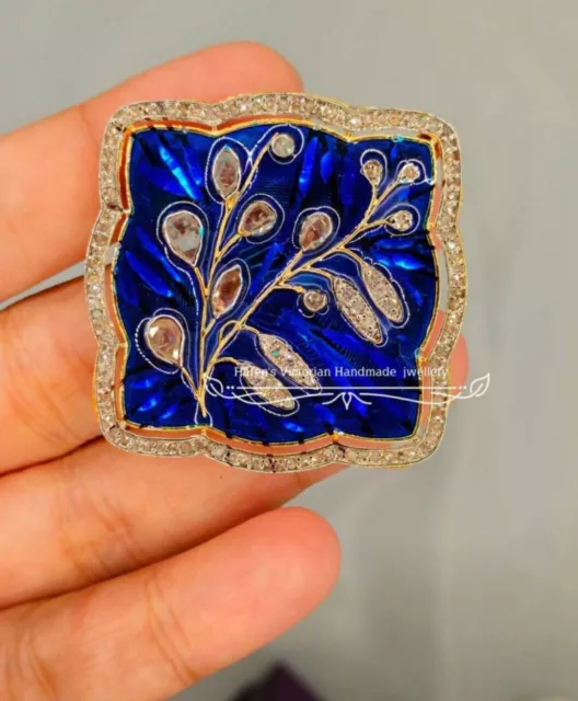 Antique Georgian era style Natural diamond blue Enamel Woman brooch 925 silver 3