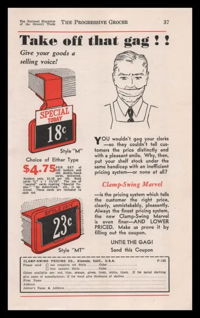 1933 Clamp Swing Pricing Company Alameda California 18¢ Store Price Tag Print Ad