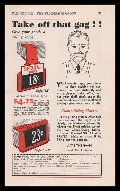 1933 Clamp Swing Pricing Company Alameda California 18¢ Store Price Tag Print Ad