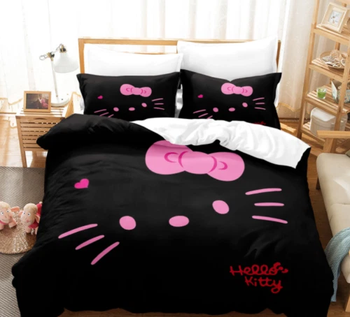 3D Leopard Hello Kitty Set biancheria da letto bambini copripiumone e federa trapunta nero