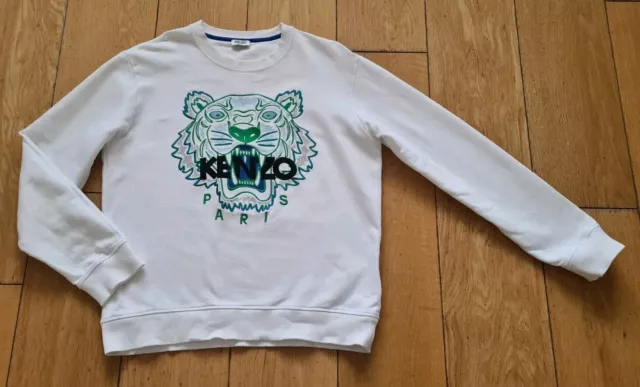 Kenzo Womens White Sweatshirt Size Large Green Embroidered Tiger Jumper