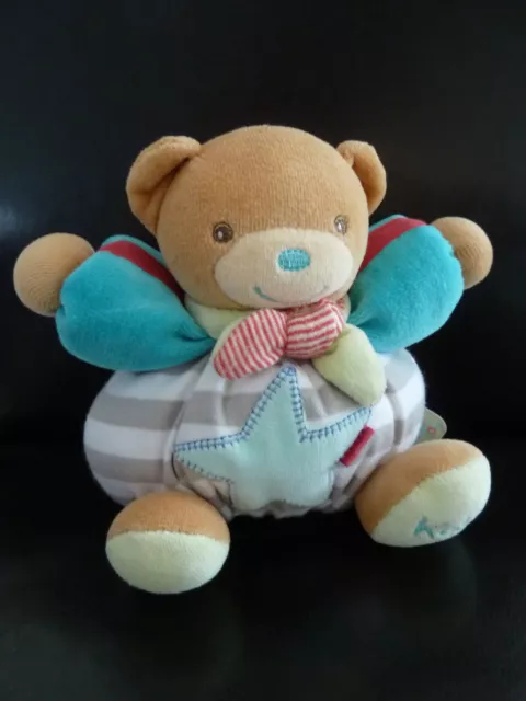 N5. Doudou Boule Kaloo Ours Blanc Raye Gris Bras Bleu Motif Etoile Grelot Ttbe