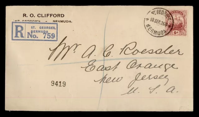 DR WHO 1926 BERMUDA REGISTERED ST GEORGES TO USA j99931