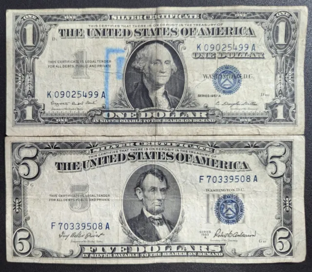 1957 $1 One Dollar and 1953 $5 Five Dollar Silver Certificates             (081)