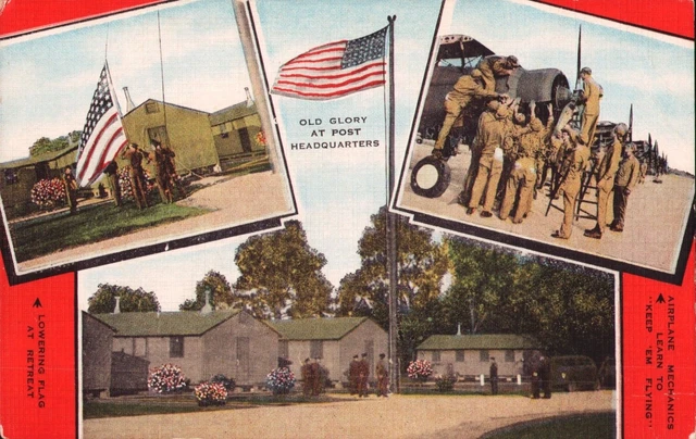 WW2 Postcard Gulfport MS Airplane Mechanics US Lower Flag Old Glory 1943 Colors