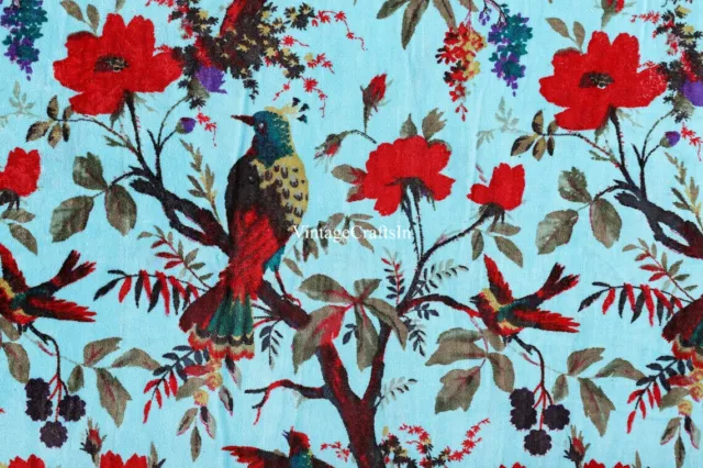Luxury Indian Aqua Soft Velvet Bird Print Fabric Upholstery Dressmaking Sewing