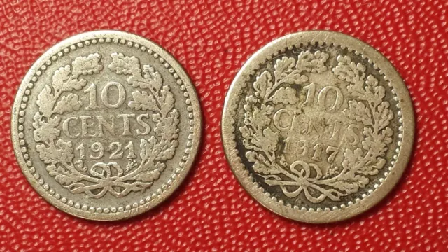 10 cents 1917 + 1921 Nederland - Wilhelmina Lot de 2 pièces Argent KM# 145