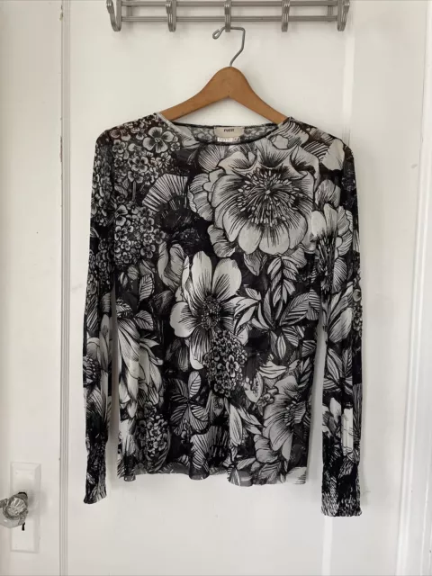 Jean Paul Gaultier Soleil Fuzzi Black & White Mesh Floral Print Top Size S